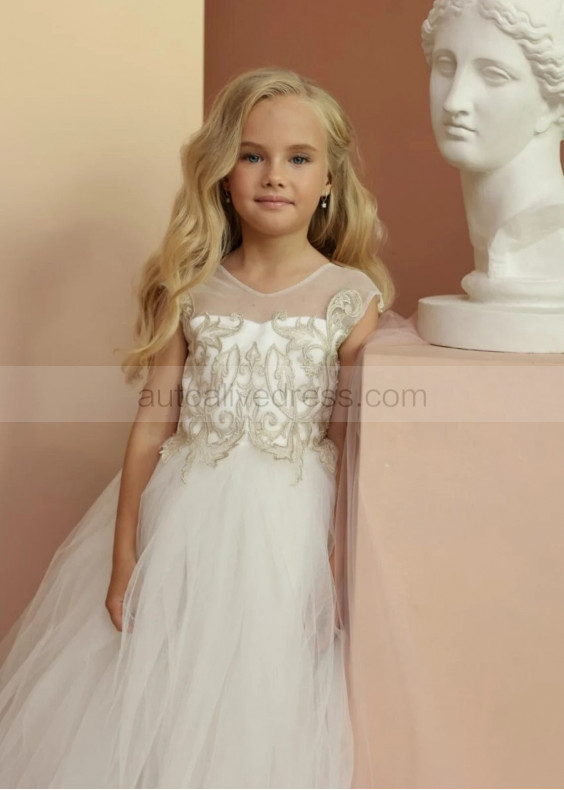 Gold Lace Ivory Tulle V Back Flower Girl Dress